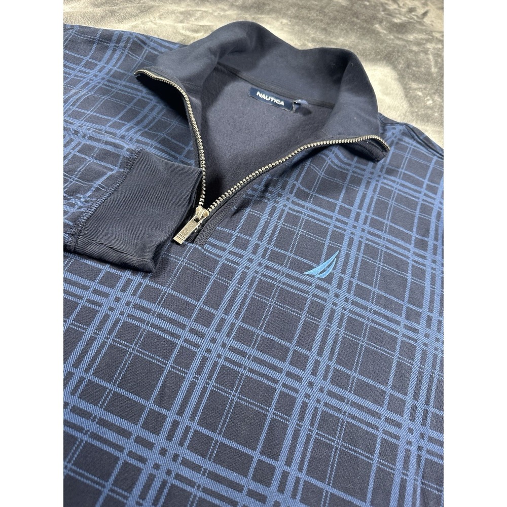Nautica Mens Navy Blue Quarter Zip Casual Pullover Fleece Plaid‎ XL